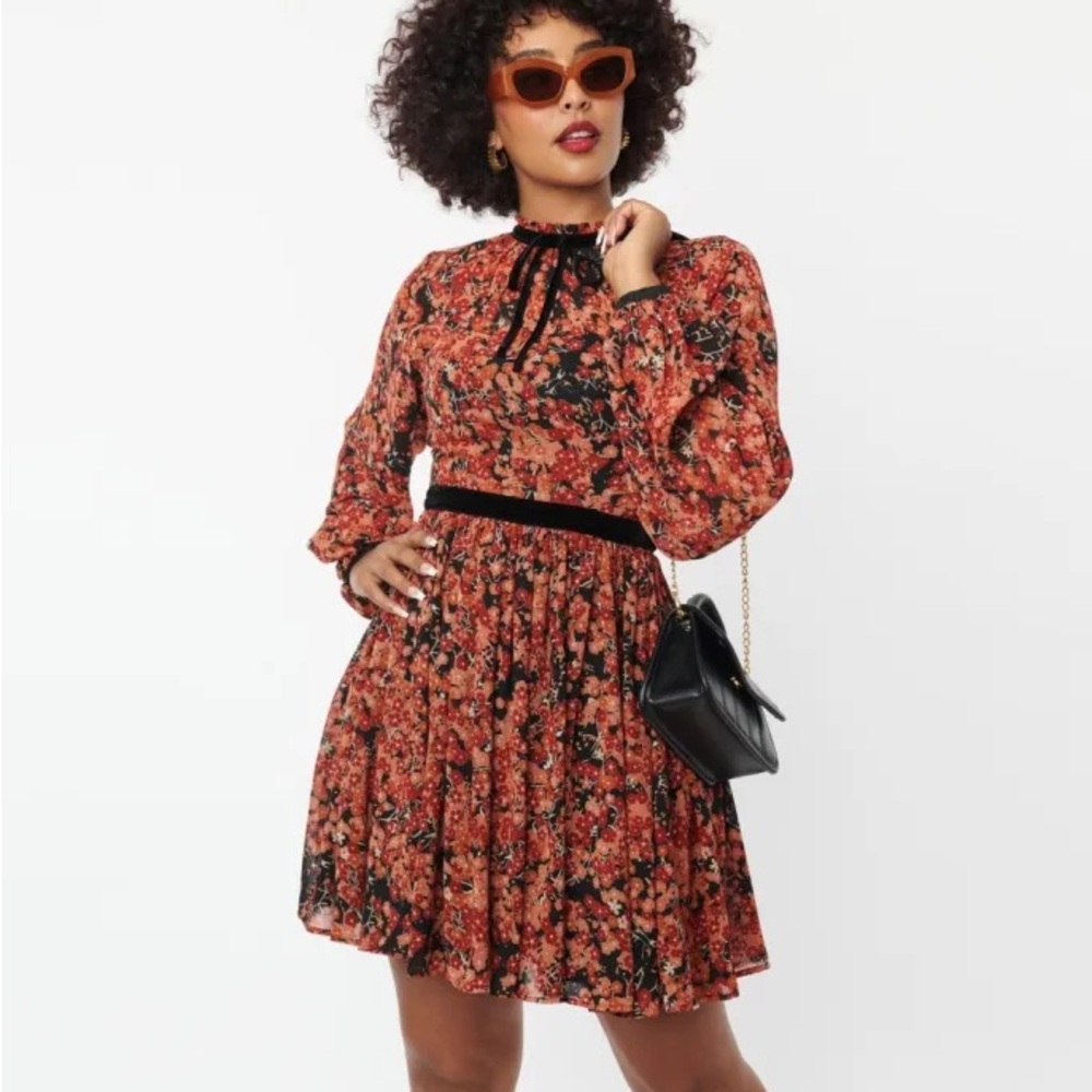 Unique Vintage Floral Long Sleeve Mini Dress with Velvet Ribbon Details